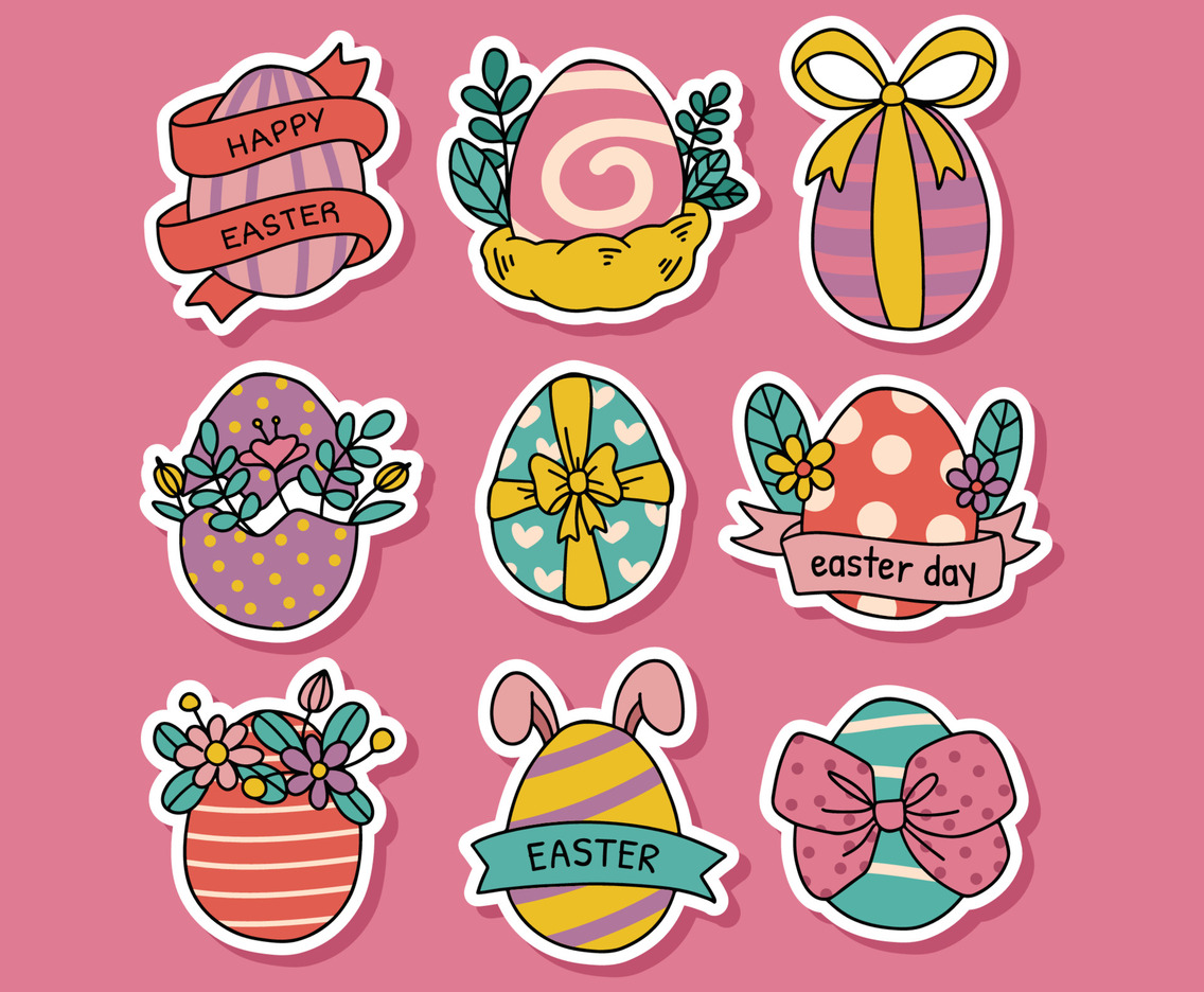Colorful Hand Drawn Easter Egg wiht Ribbon and FLower Stickers Collection