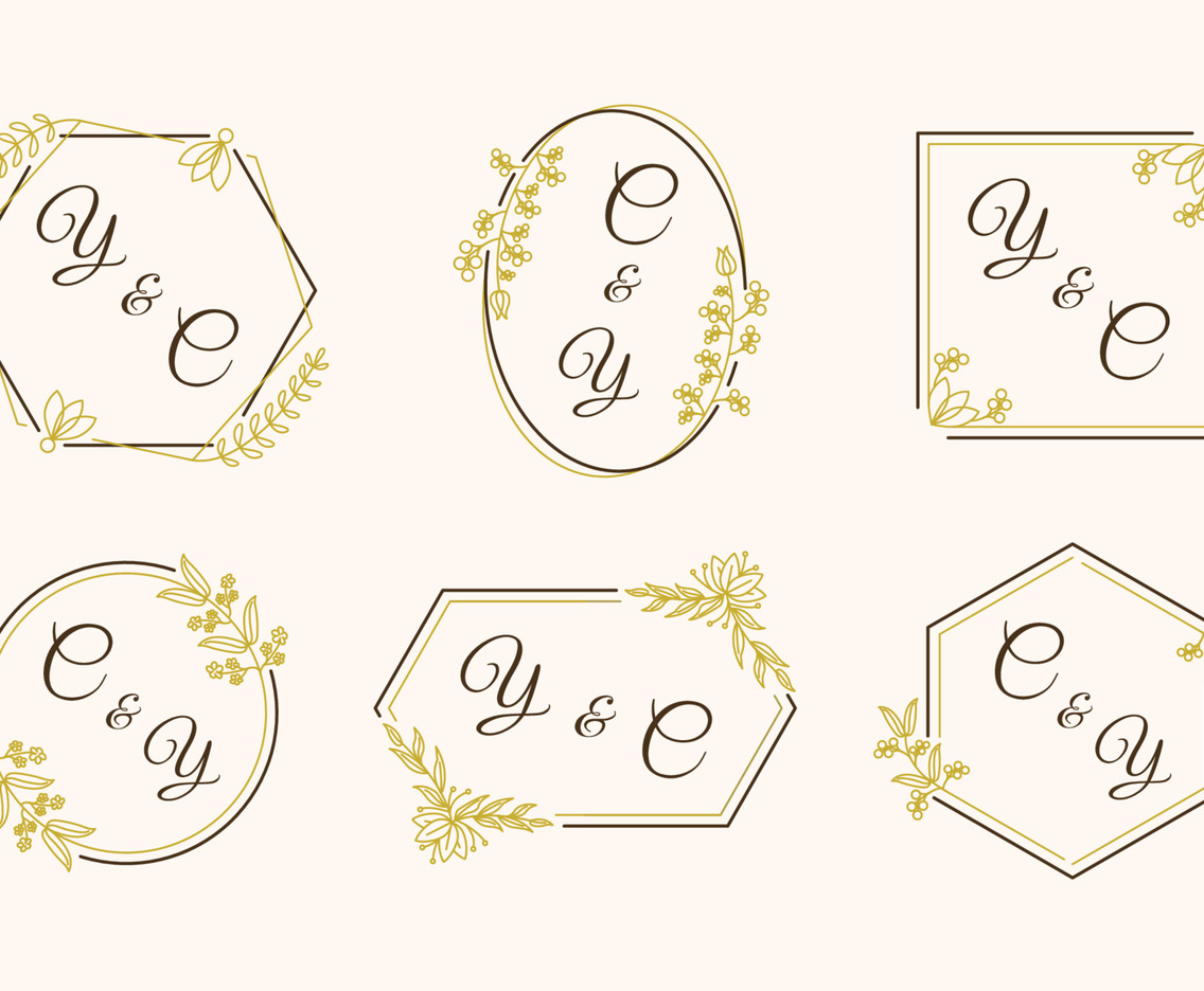Wedding Monogram with Outline Flower Ornament