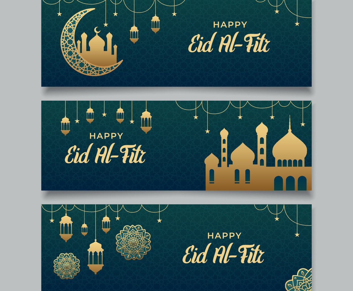 Eid Al-Fitr Mubarak Banner Set with Golden Ornament
