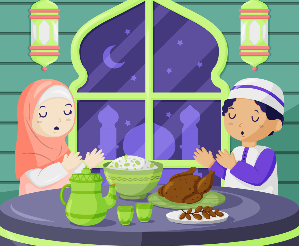 Muslim Family Praying Before Having Iftar Dinner