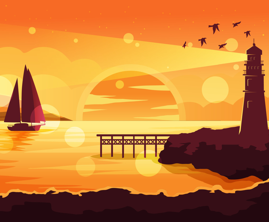 Simple Seaside Lighthouse Building With Sailing Boat