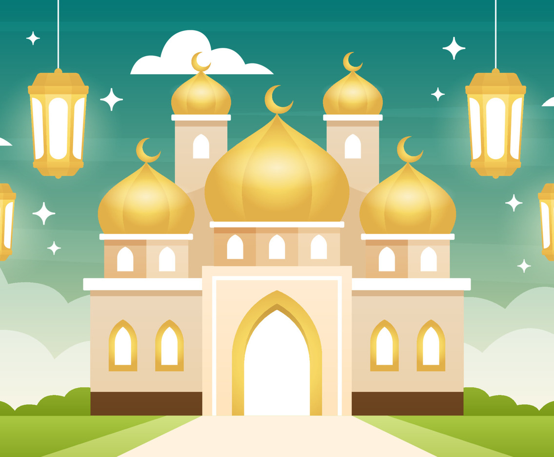 Eid Mubarak with Mosque and Lantern Background