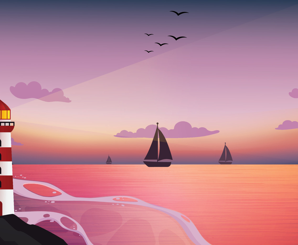 Seashore View on Sunset With Lighthouse and Ships