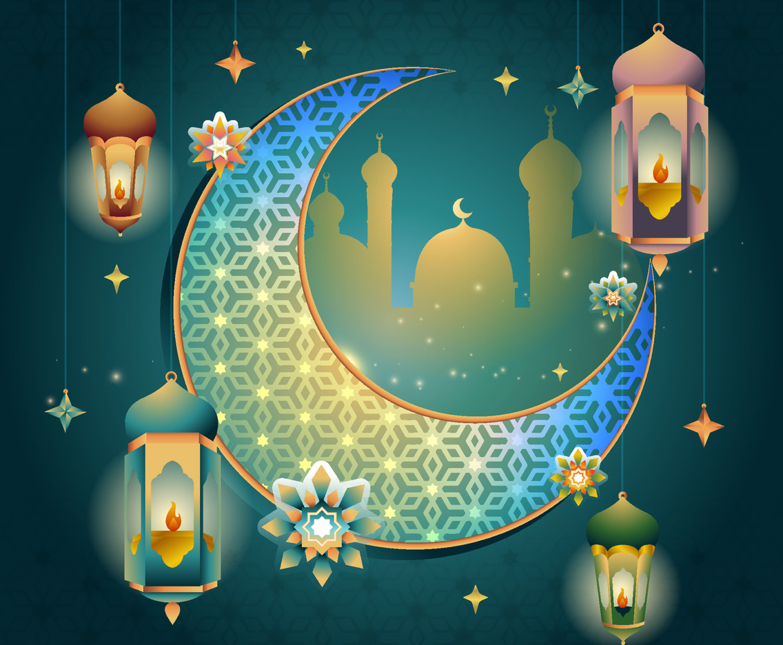 Eid Mubarak Celebration with Moon and Lantern
