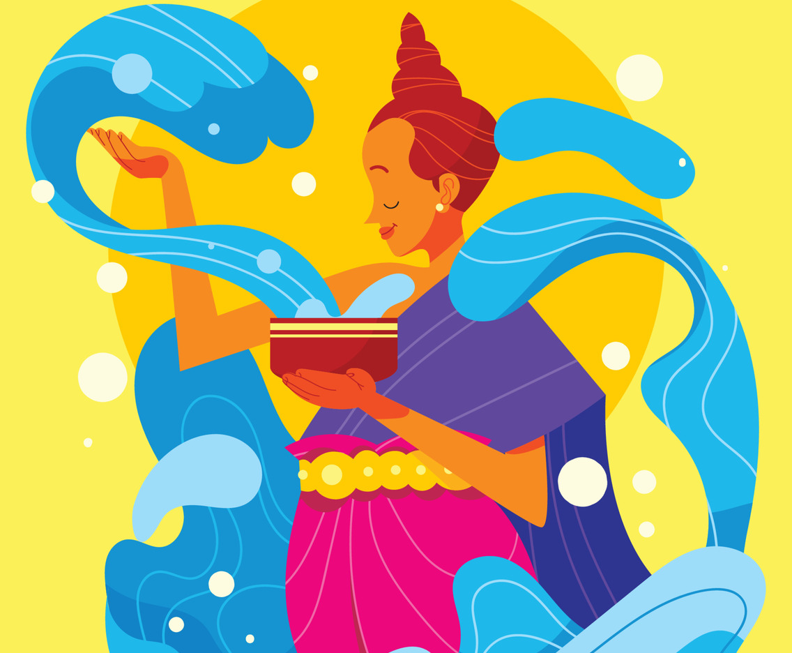 Traditional Thai Woman with a Bowl of Water in Songkran Day