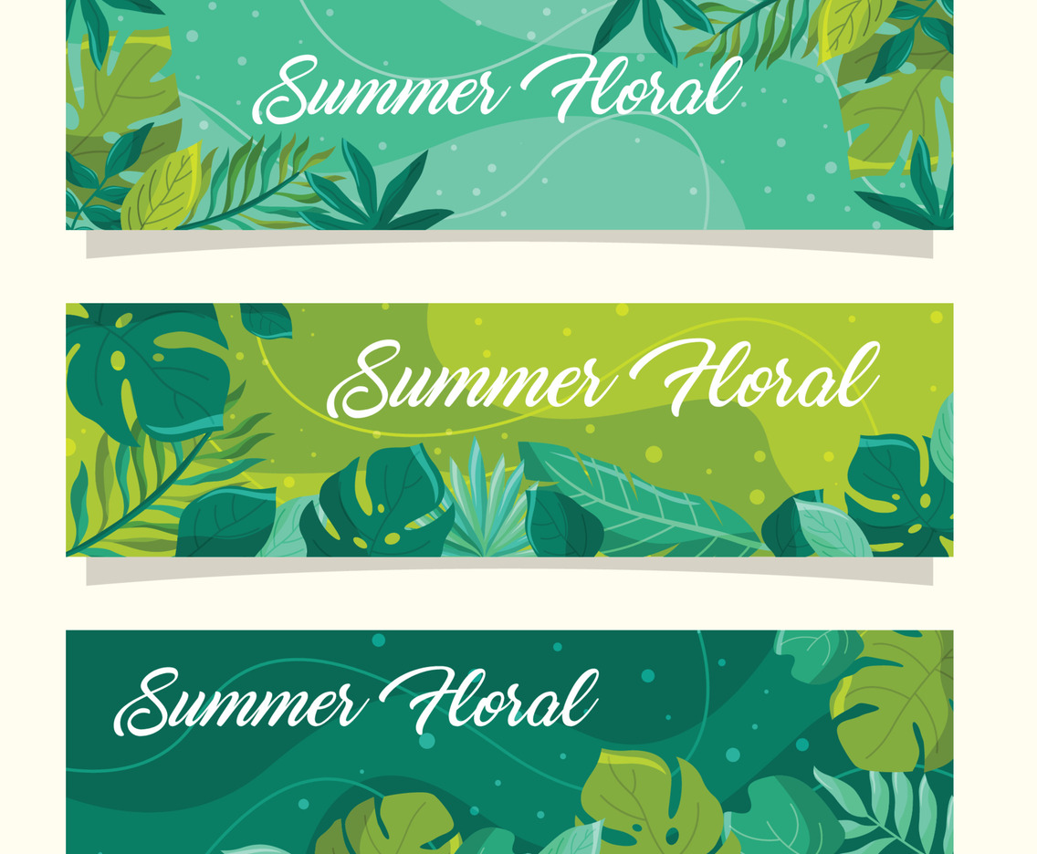 Summer Floral Banner with Green Leaves