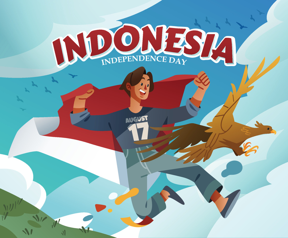 A Boy and an Eagle Carry The Indonesian Flag