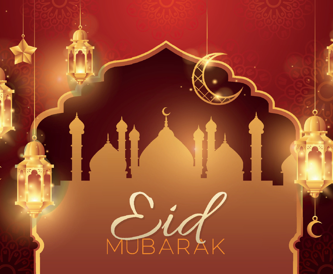 Eid Mubarak Islamic Holy Day with Lantern and Red Background
