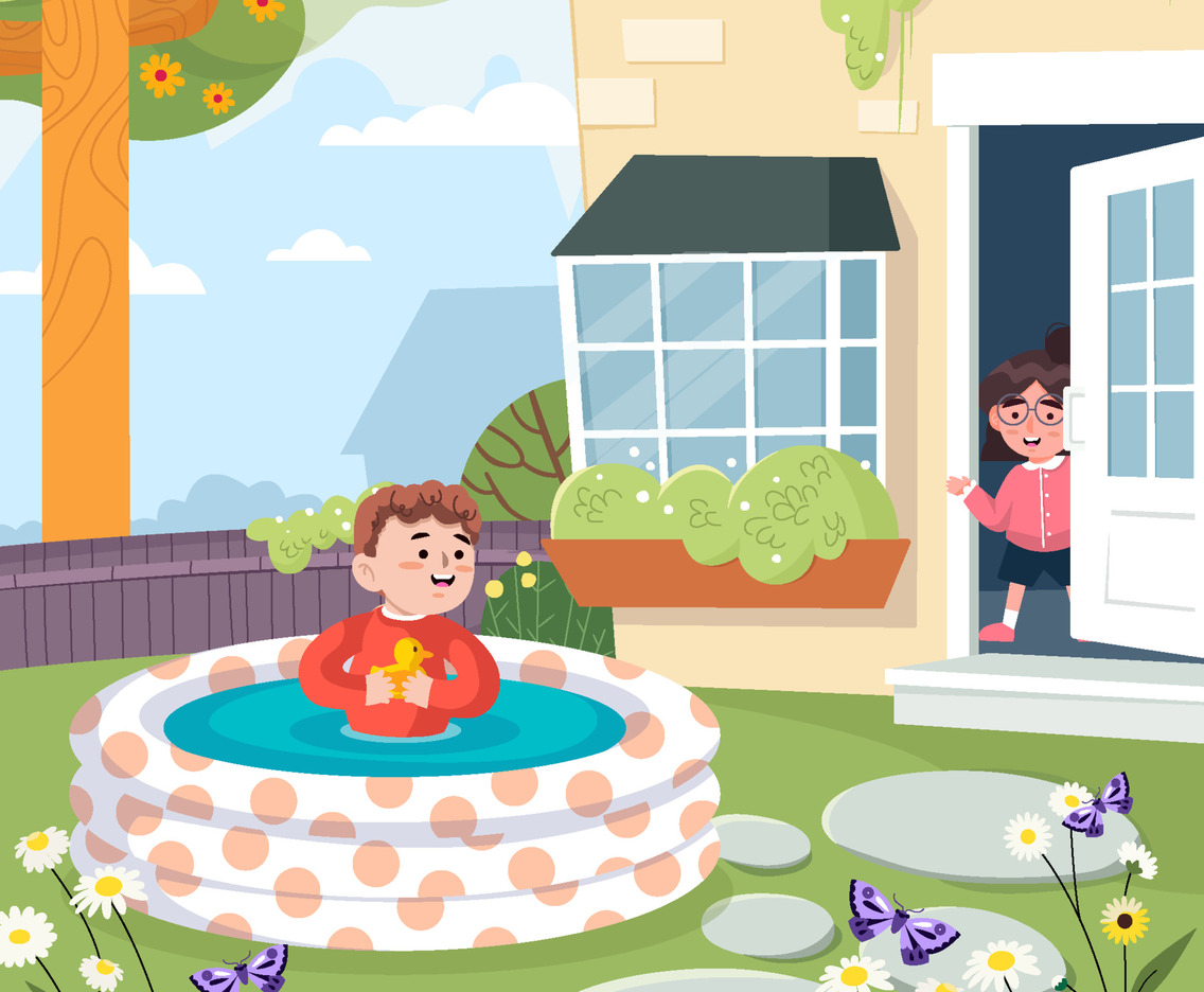 Children Play in the Pool at Backyard Concept