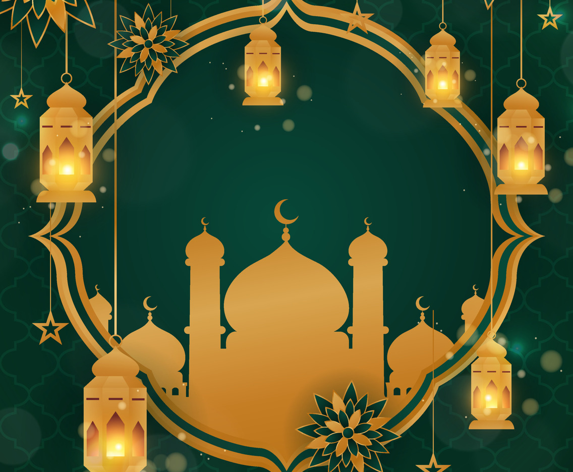 Background of Eid Mubarak Green Gold Mosque