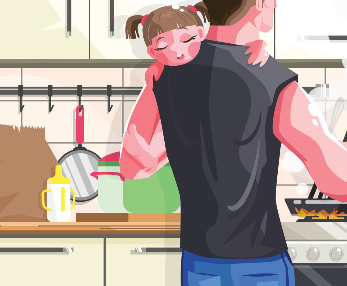 Dad Carrying His Lovely Cute Daughter with Cooking some Baby Food