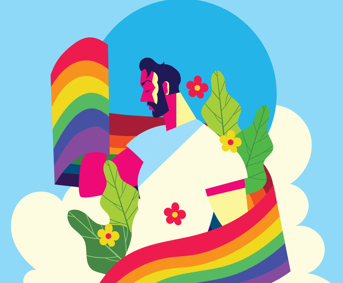 A Man with Rainbow Flag over His Body