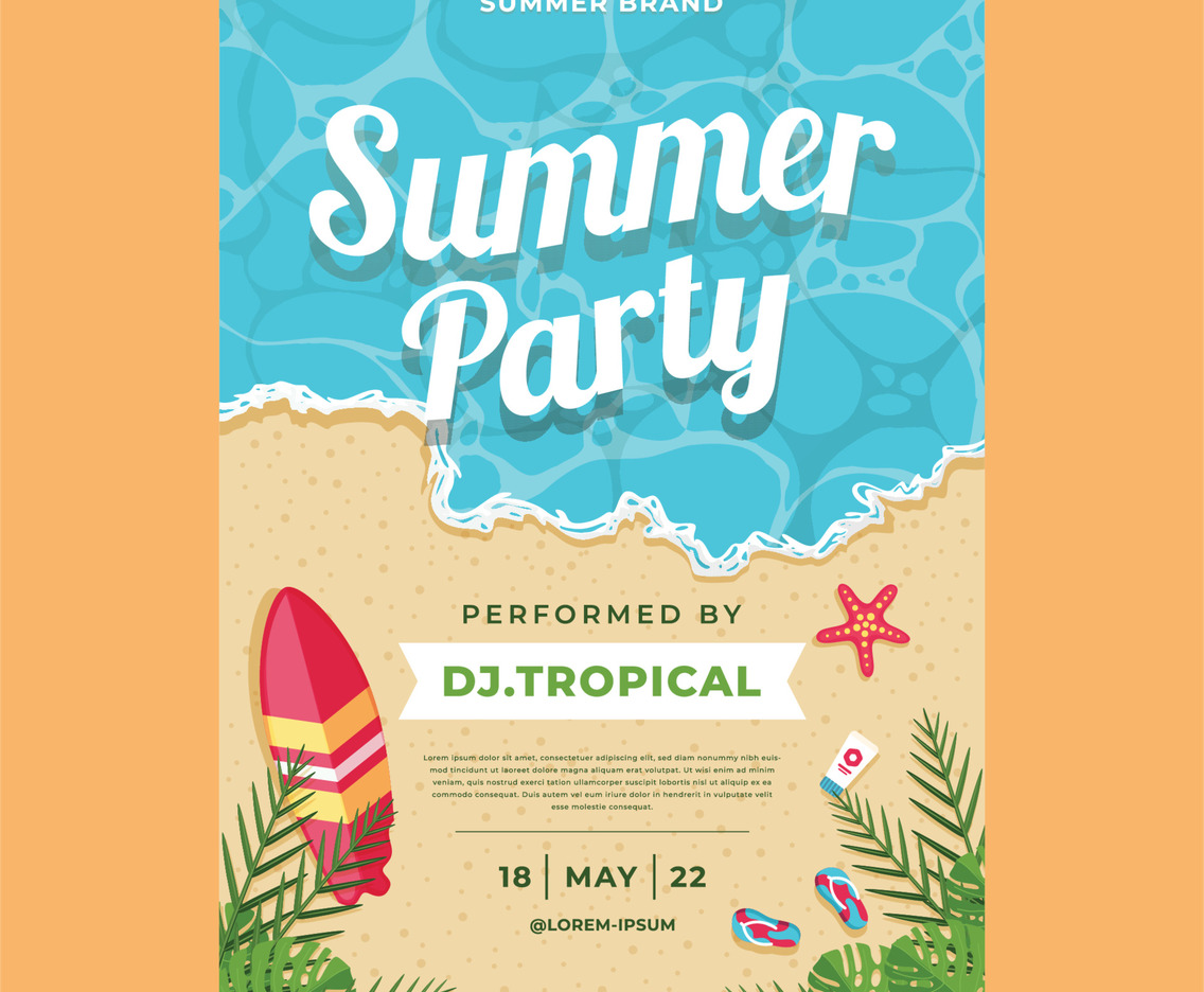 Beach Summer Party with Palm Leaves and Beach Equipment