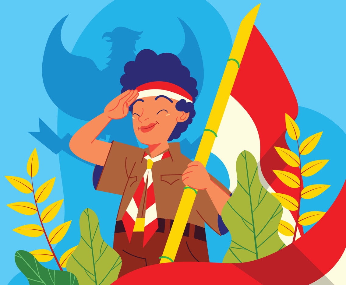 Indonesian Scout Boy Saluting to Indonesian Flag