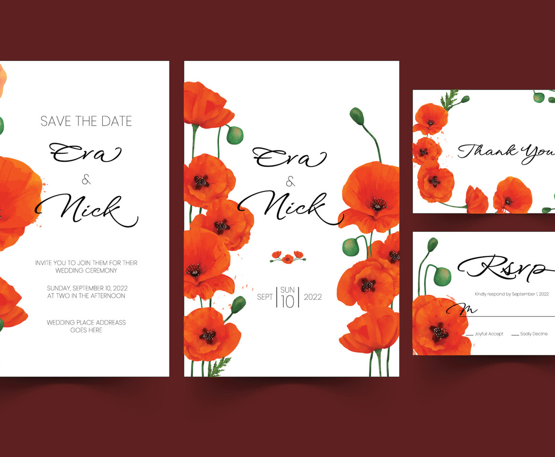 Watercolor Red Poppy Flower Theme for Wedding Invitation Set