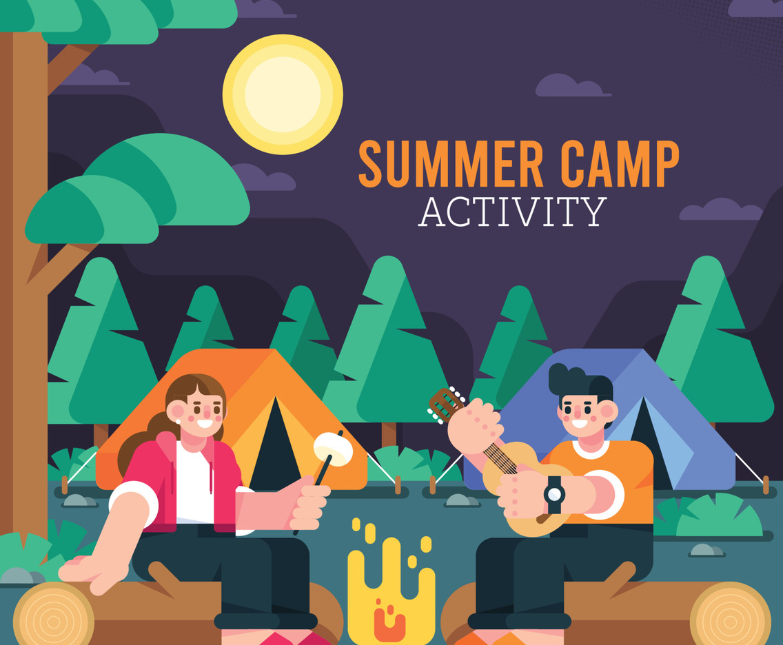 Having A Bonfire And Playing Guitar While Roasting Marshmallows At Summer Camp