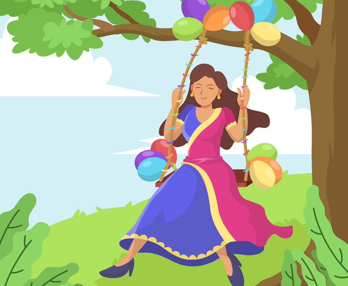 A Woman Playing on A Swing with Balloons on Raja Sankranti