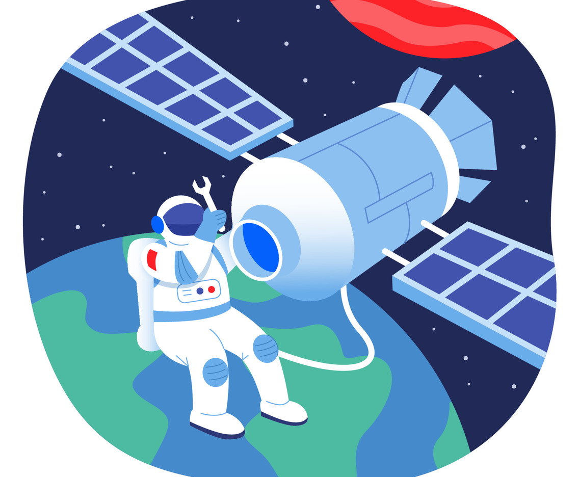 Astronaut in Outer Space Repairing Satellite