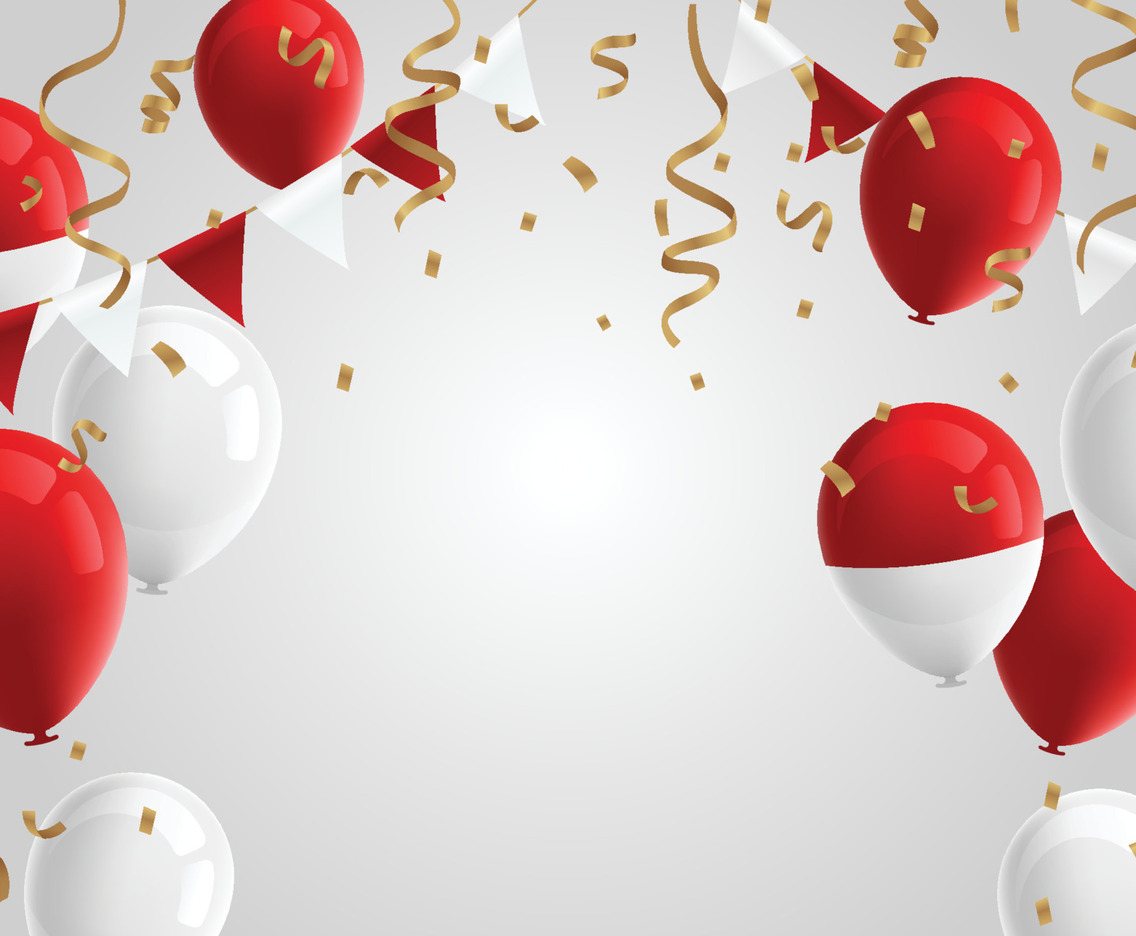 Indonesia Independence Day Celebration Background with Red and White Balloon, Flag and Confetti