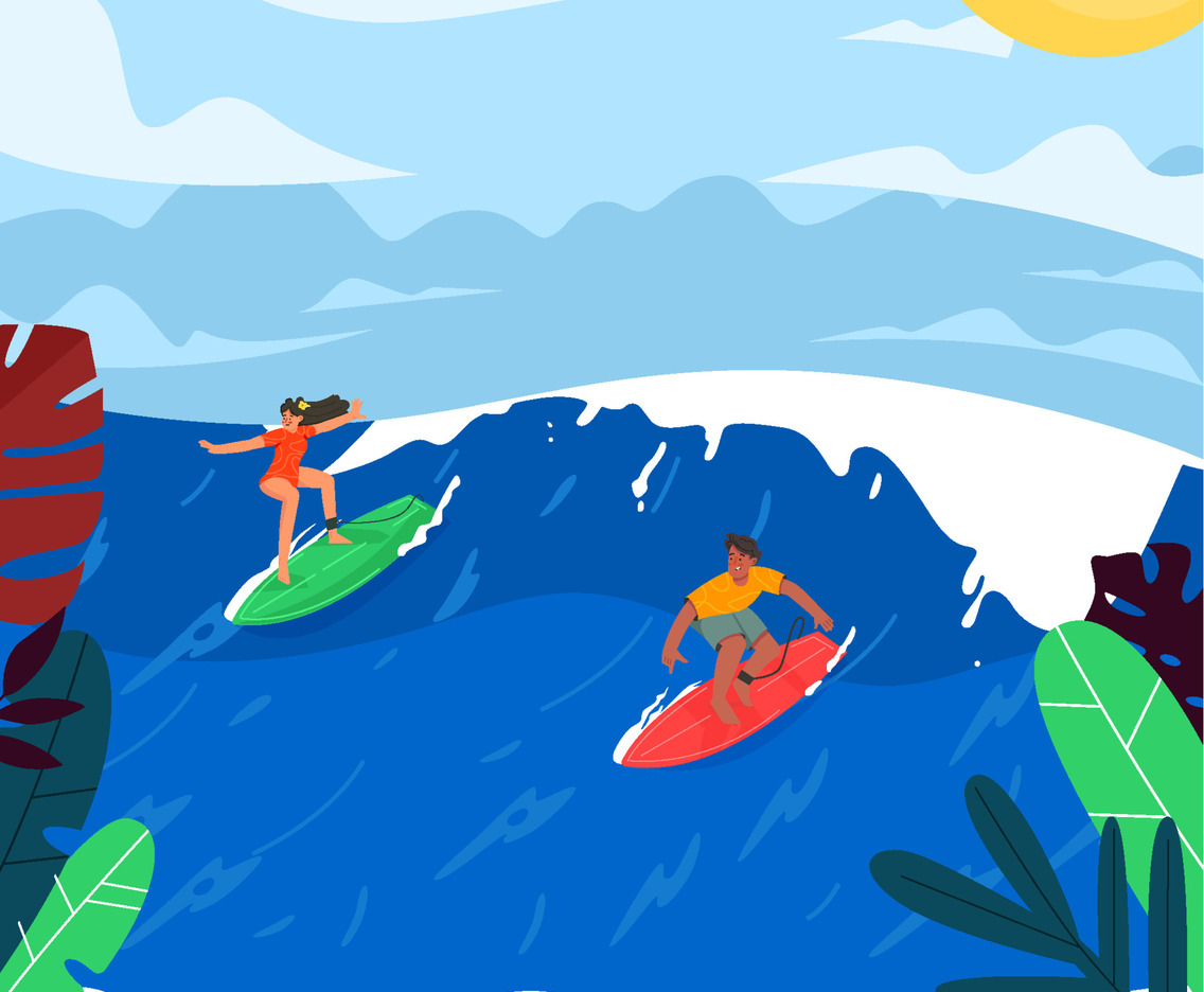 Man And Woman Surf On The Beach Concept
