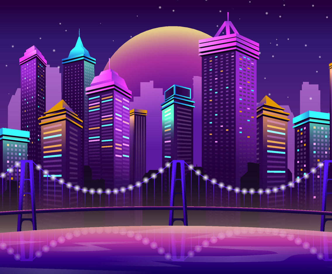 Night Time Futuristic Skyscrapper with Building and Bridge