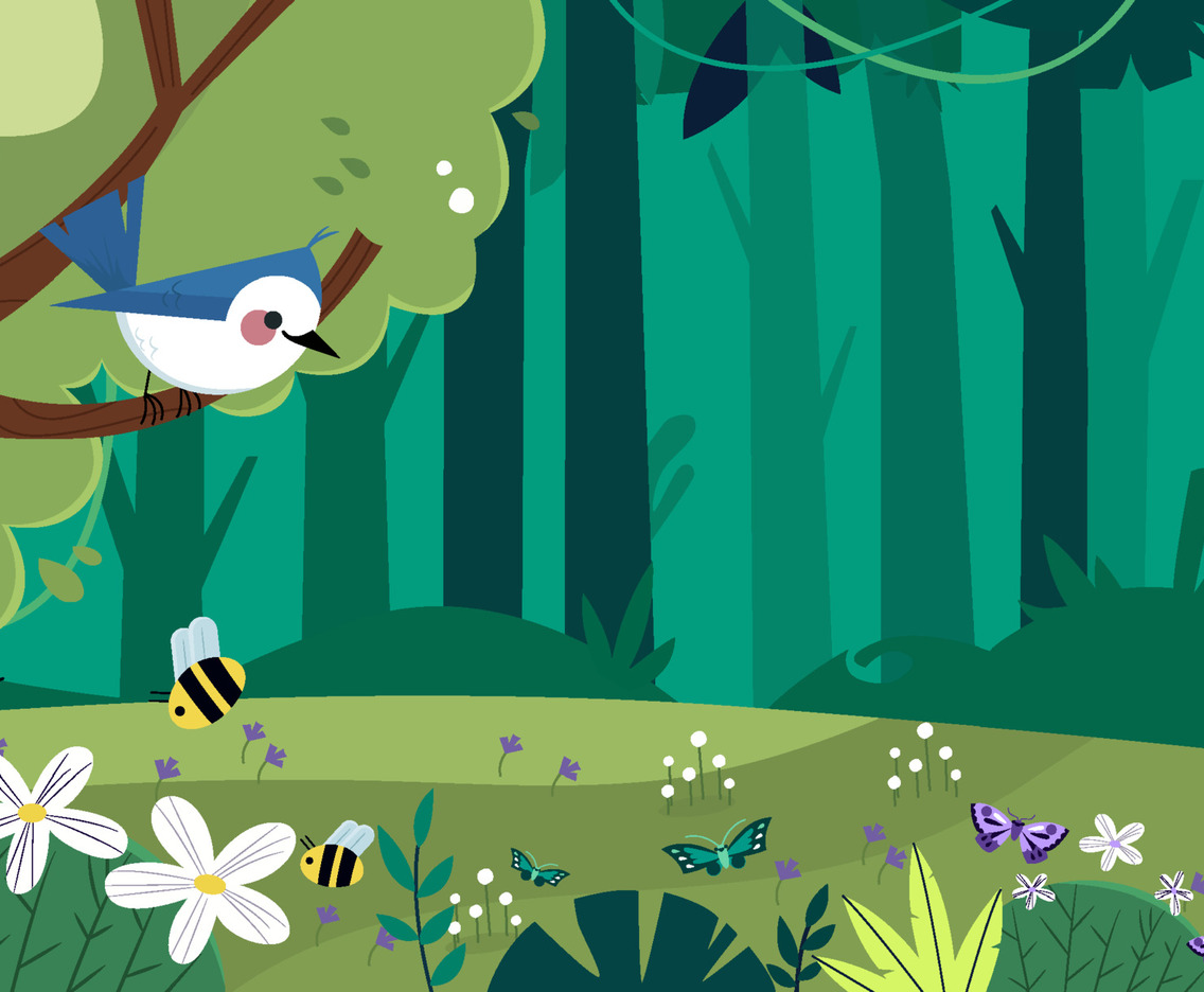 Summer Forest With Birds, Bees, And Butterflies Background