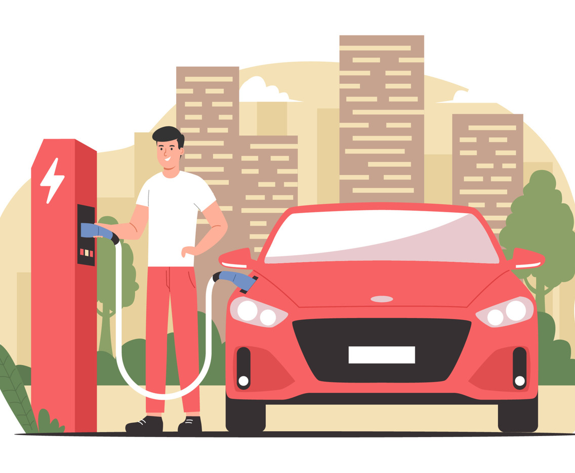 Man Charging His Electric Car at Charging Station
