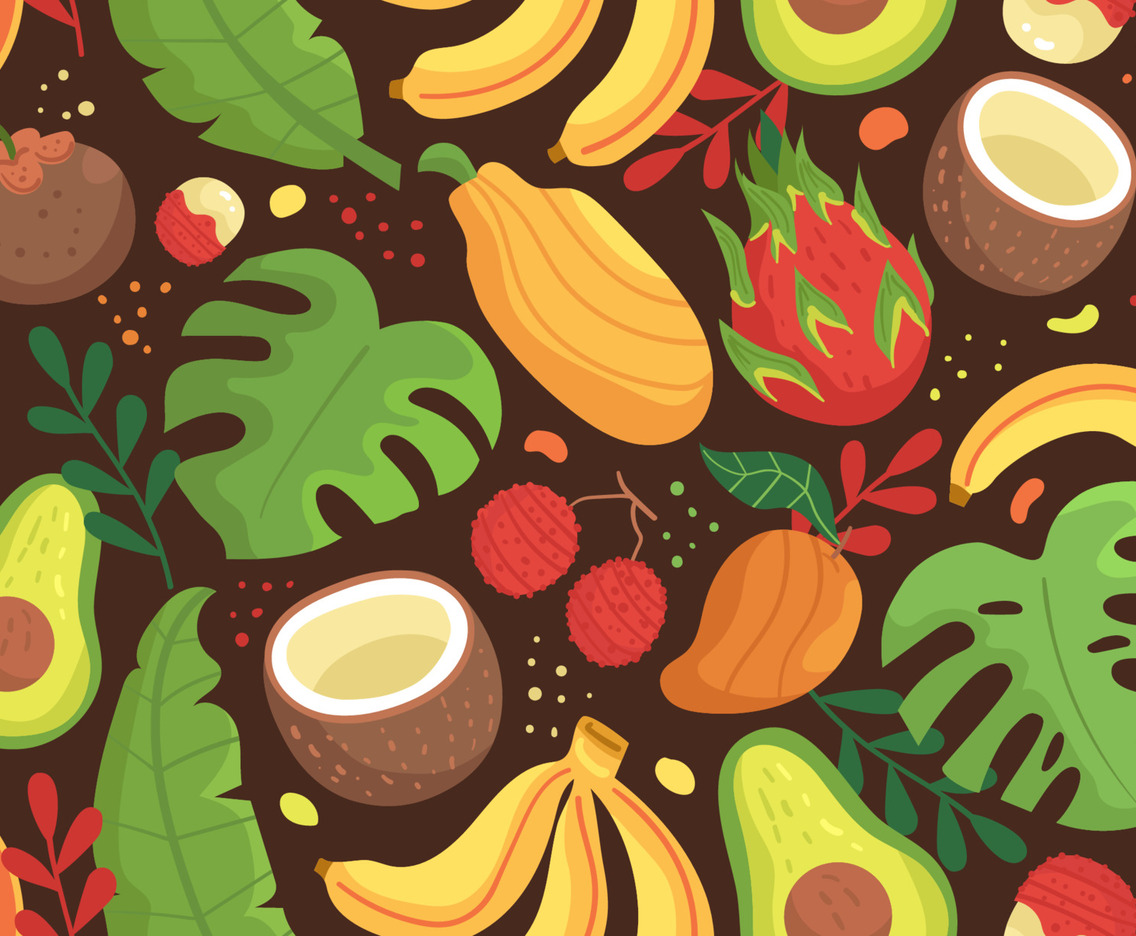 Tropical Fruits and Leafs Seamless Pattern Background