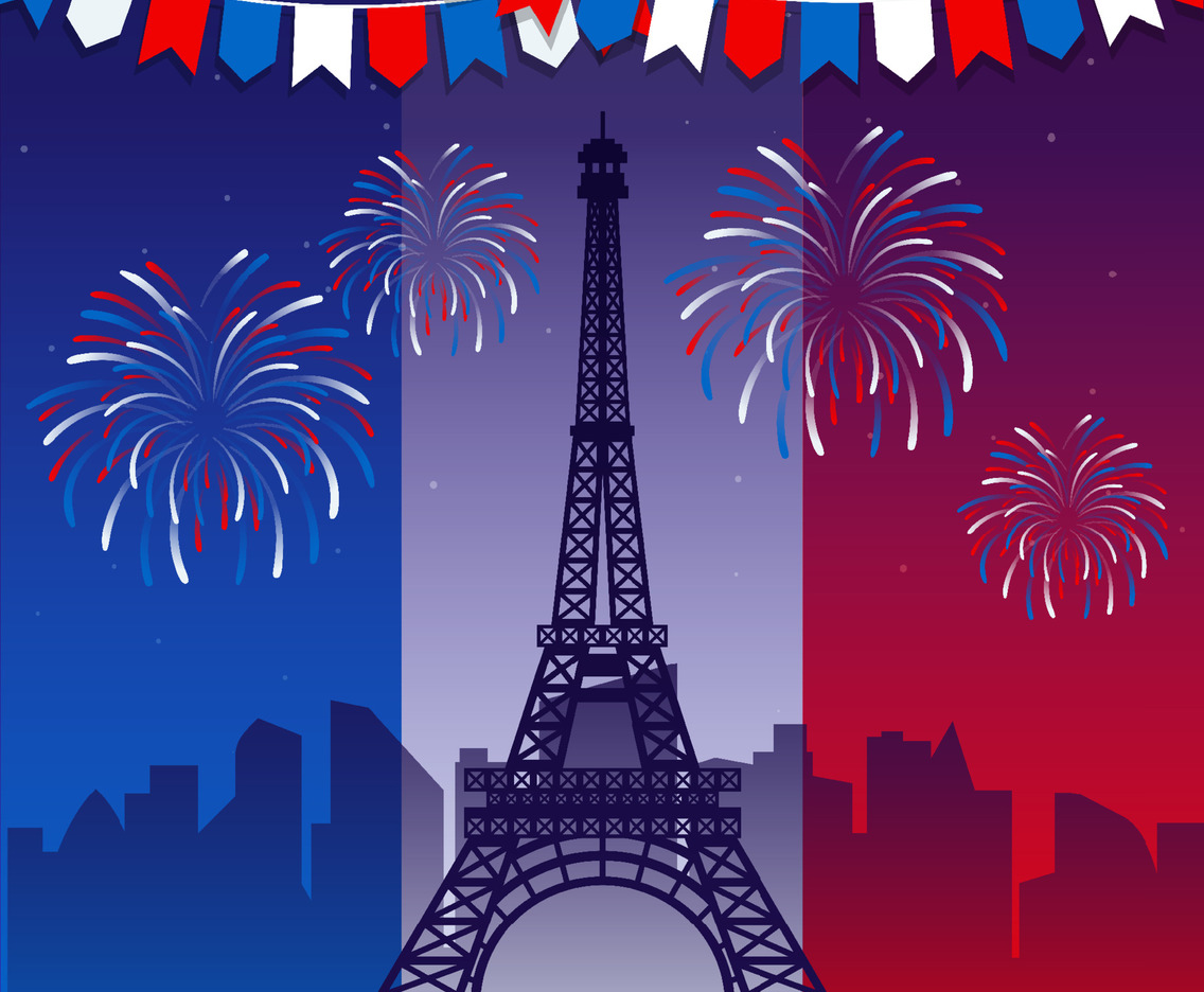 Bastille Day Background with Eiffel Tower and Fireworks