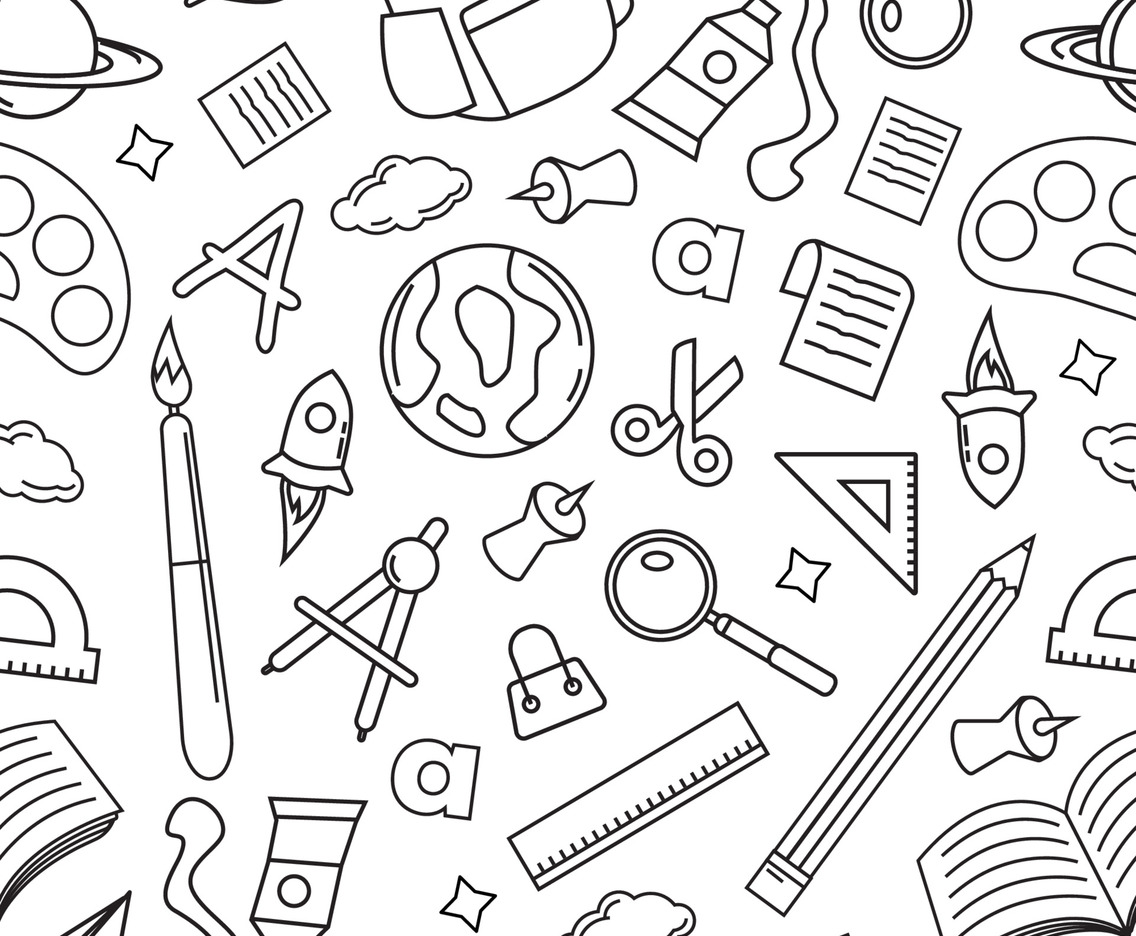 School Supply Outline Seamless Pattern