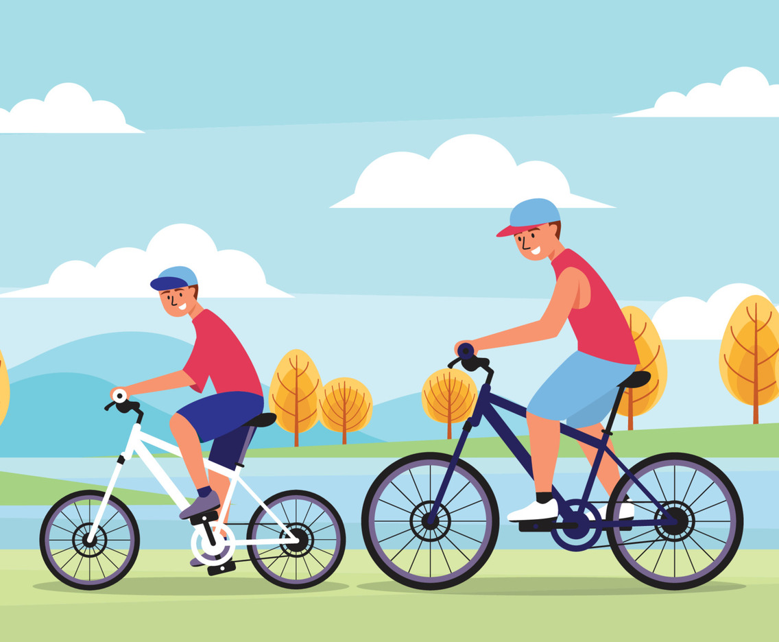 Son and dad riding bike together