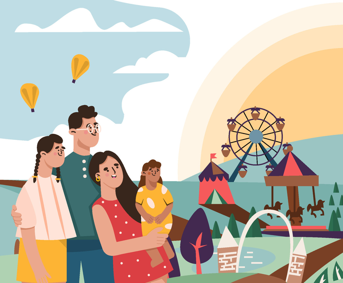 Family Vacation To Amusement Park Concept