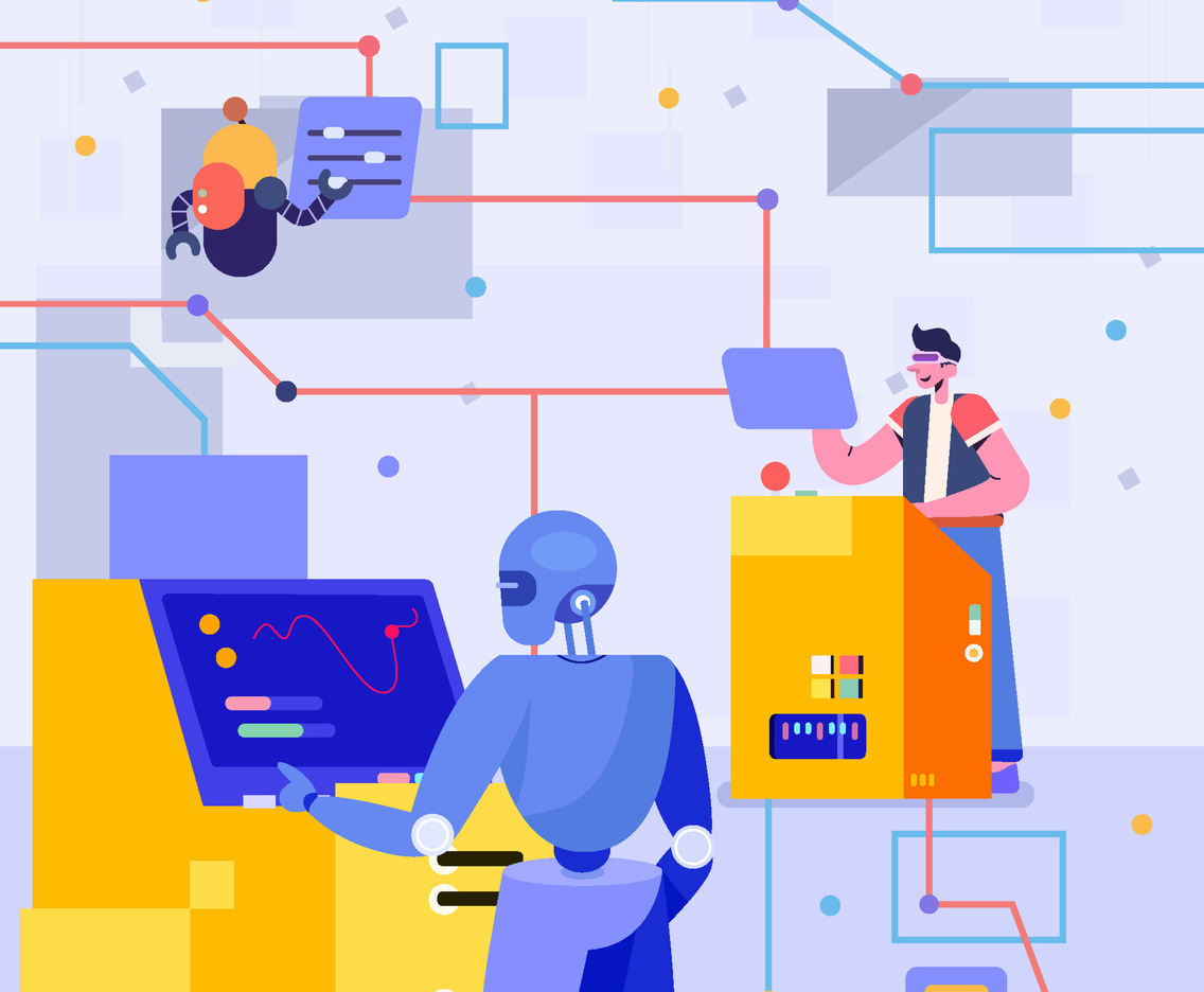 Robot And Human Work Together Concept