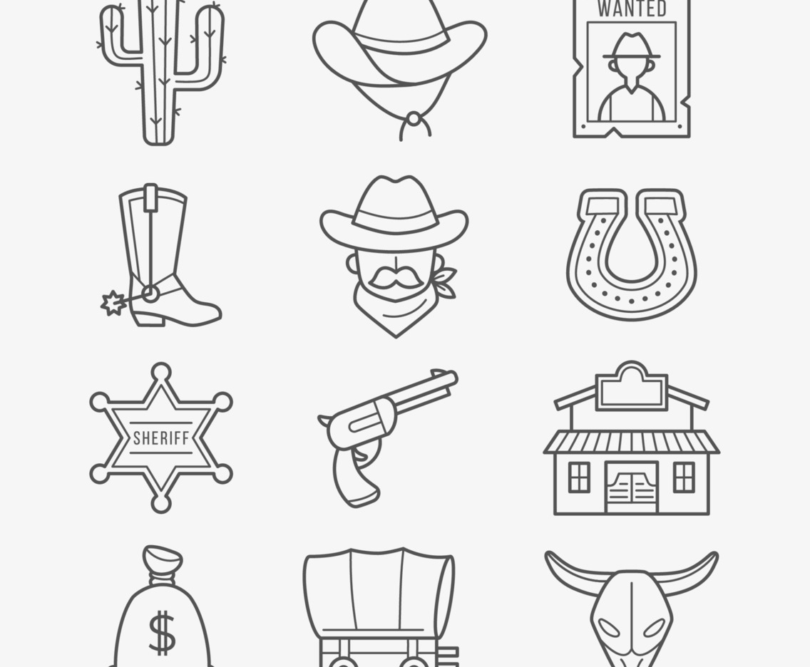 Cowboy Thin Line Icon Set