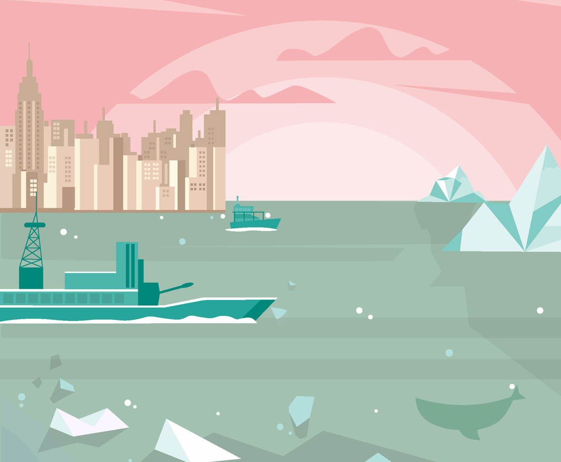 Ship On The Sea Near City With Iceberg