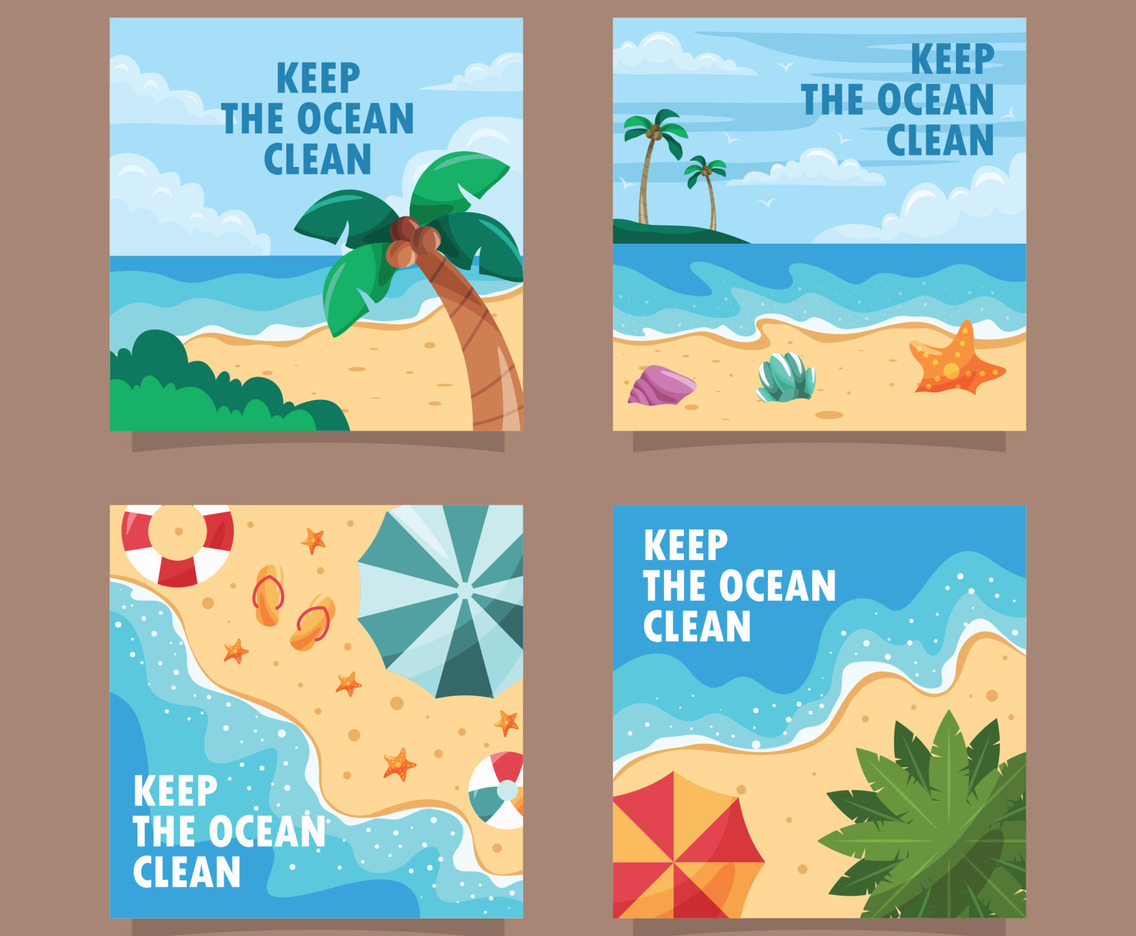 Beach Cleaning Doodle Hand Drawn Social Media Post Collection