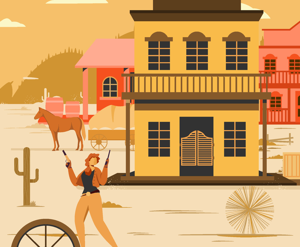 Cowboy Woman Holding Gun In Town Concept