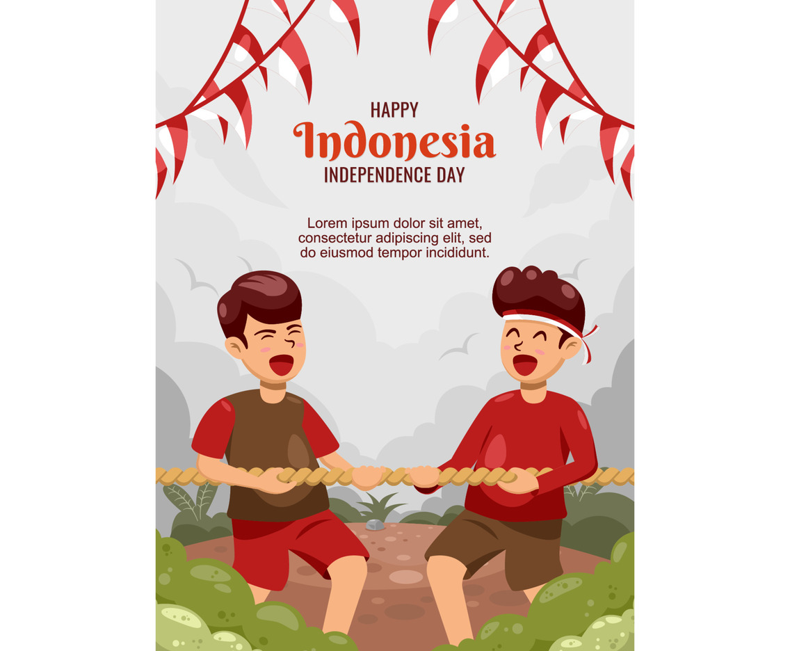 Happy Indonesia Independence Day Poster with Tug of War Concept