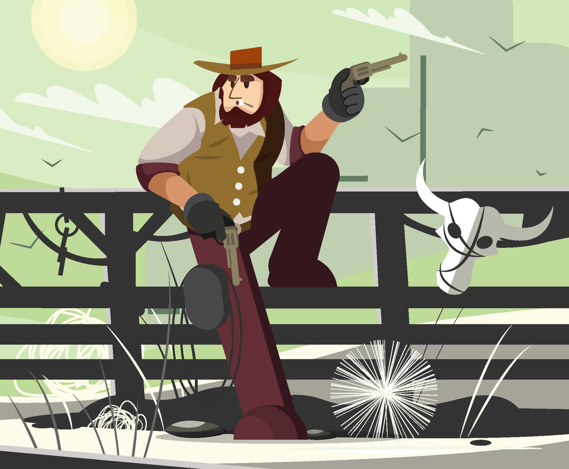 Cowboy Holding Two Guns Leaning On The Fence