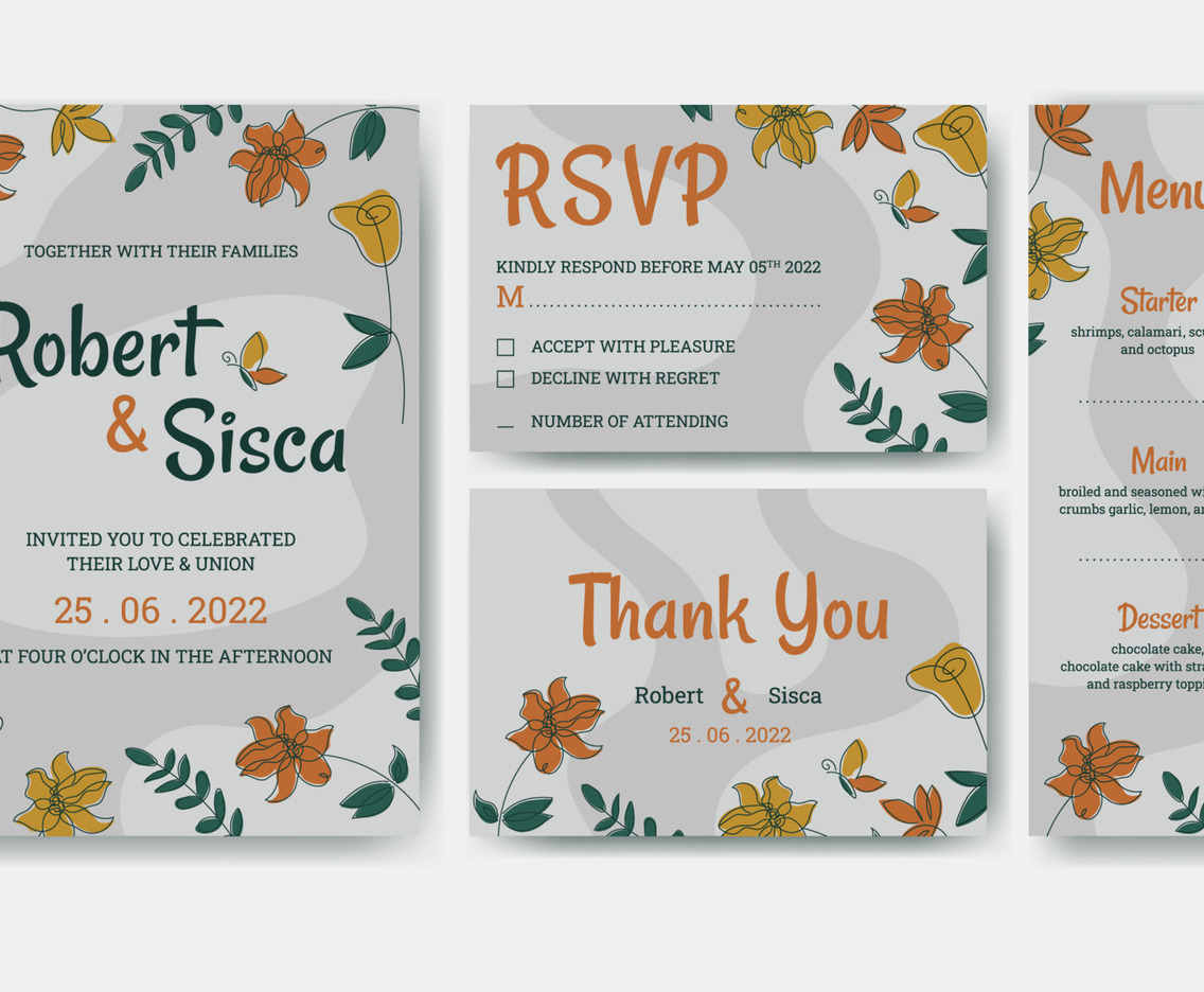 Wedding Invitation Design Set with Hand Drawn Floral Concept