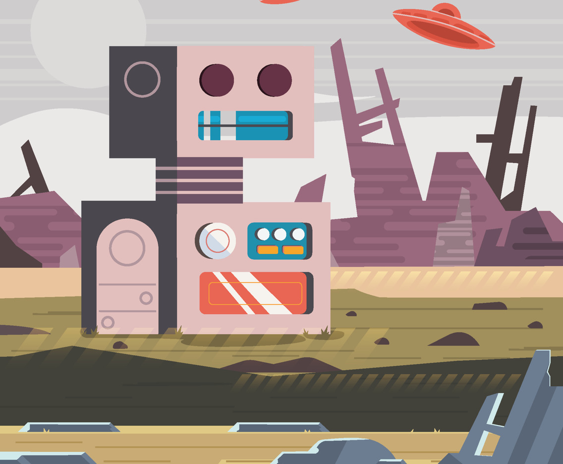 Space Ship Fly In Robot Ruins Concept