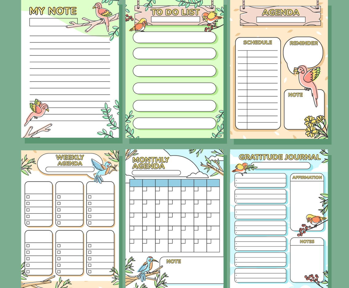 Pastel Cute Outline Bird Journal Template