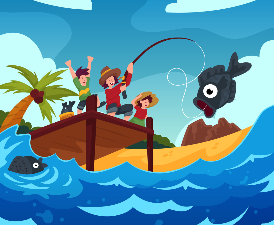 Father and Son Fishing Together in the Sea
