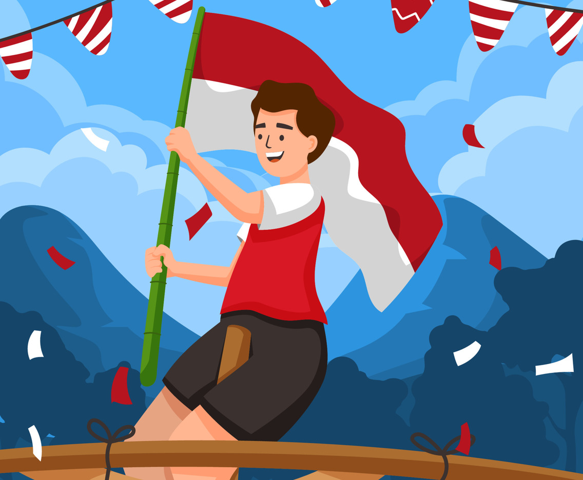 Young Man Holding Indonesian Flag for Independence Day