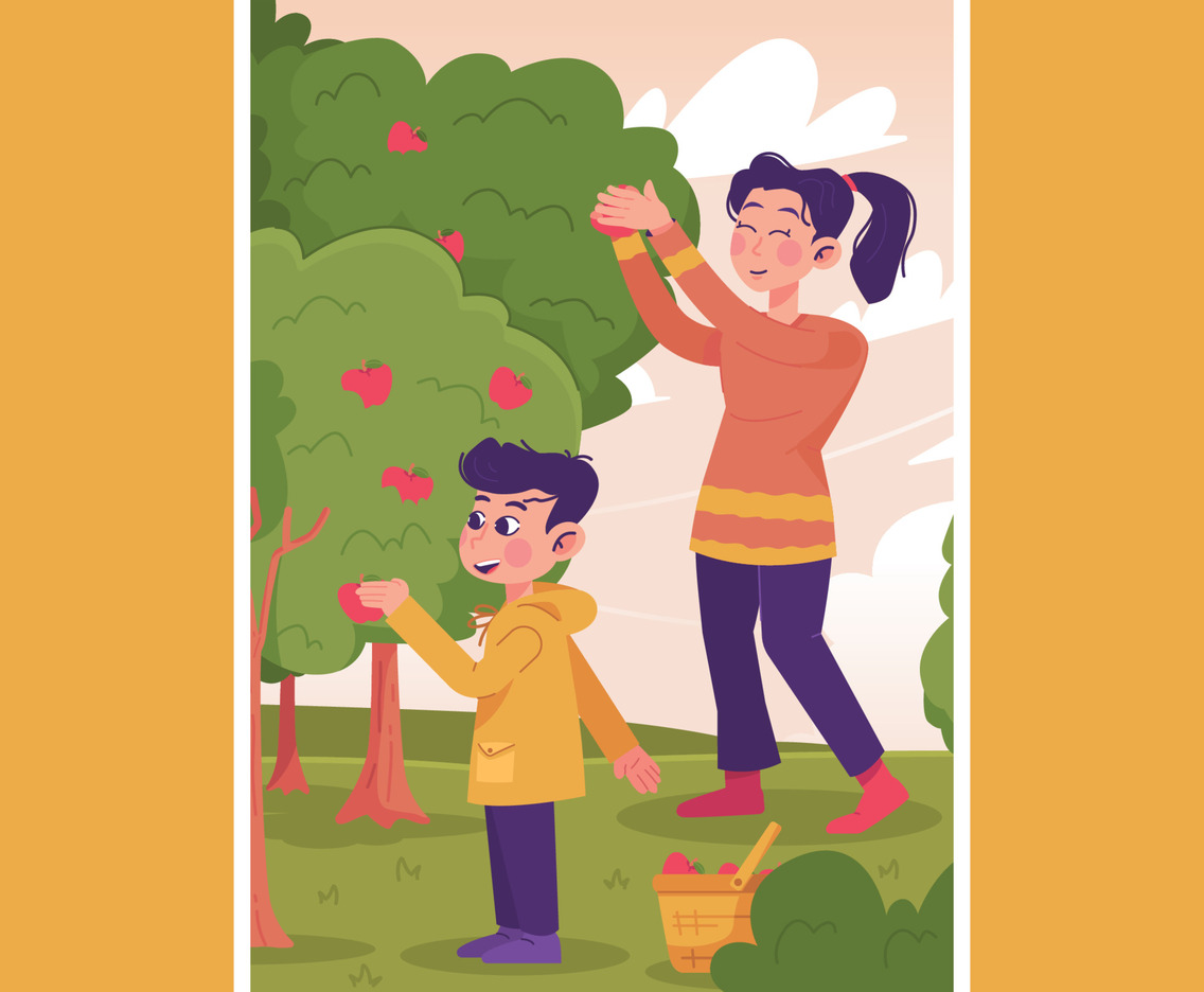 Boy and Mom Picking Apples