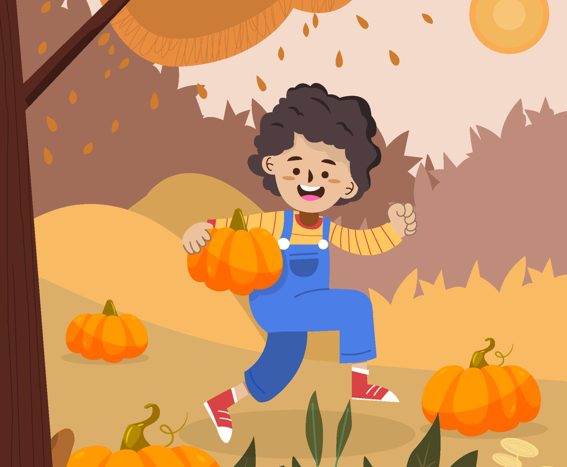Boy Searching Some Pumpkin In The Woods Concept