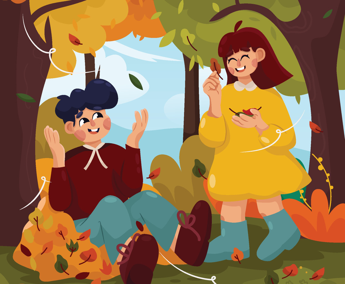 Cute Couple Playing Around with Fallen Leaves in Autumn