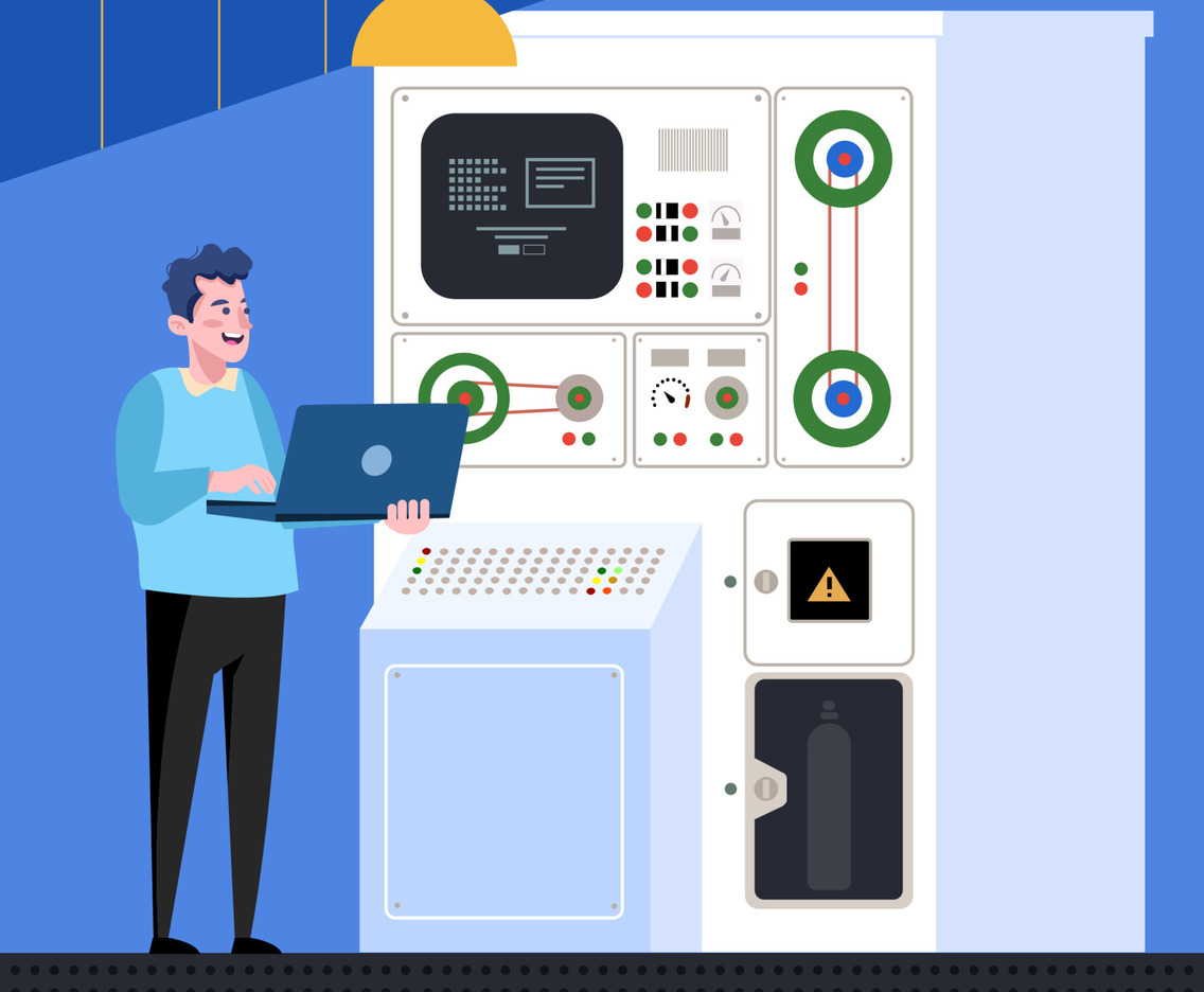 Technician Operates Super Computer With Laptop Concept