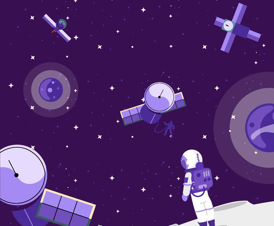 Astronauts And Satellites On Space Concept