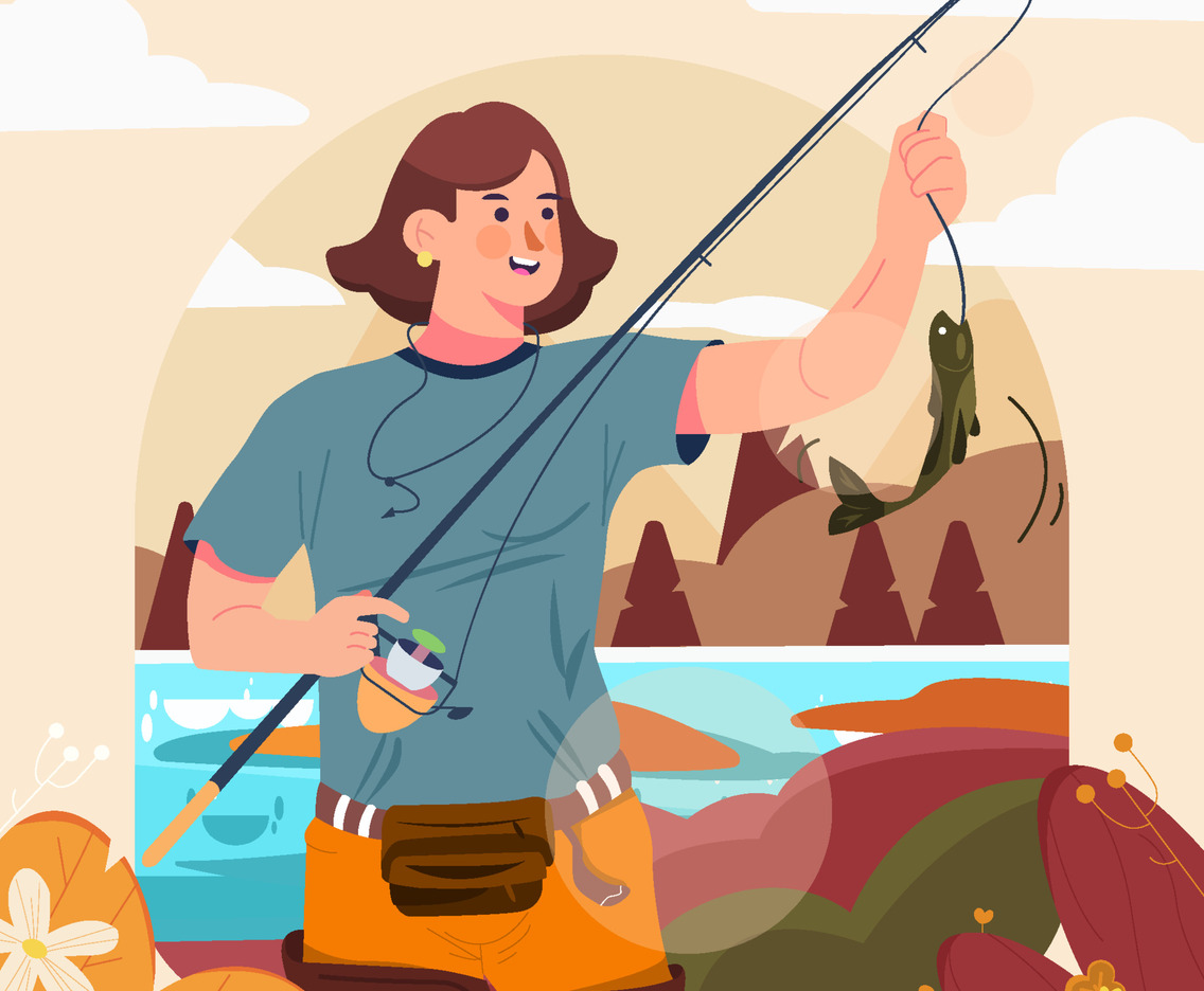 Fisherwoman Catch A Fish Concept